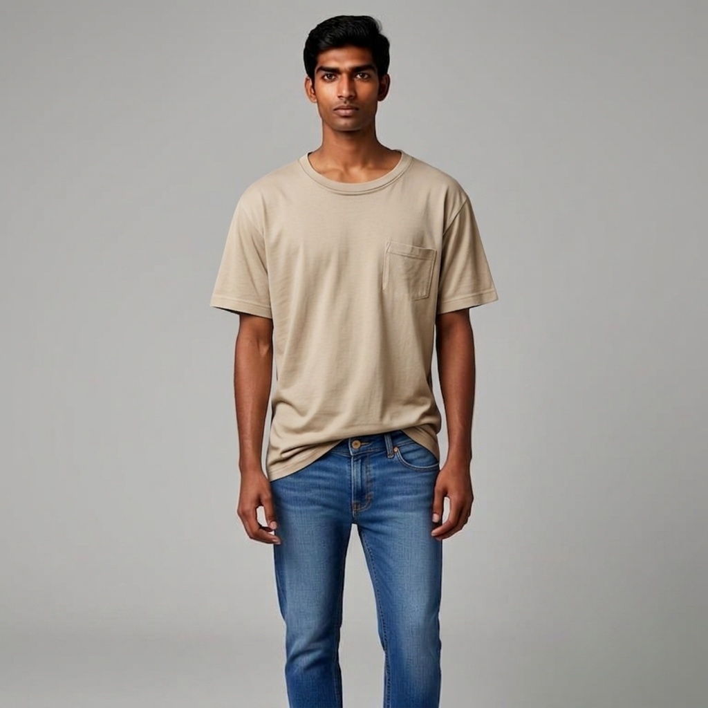 A different body type wearing the exact same cream t-shirt and blue jeans