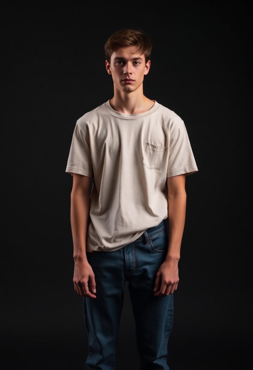 Brand model wearing the cream t-shirt and blue jeans